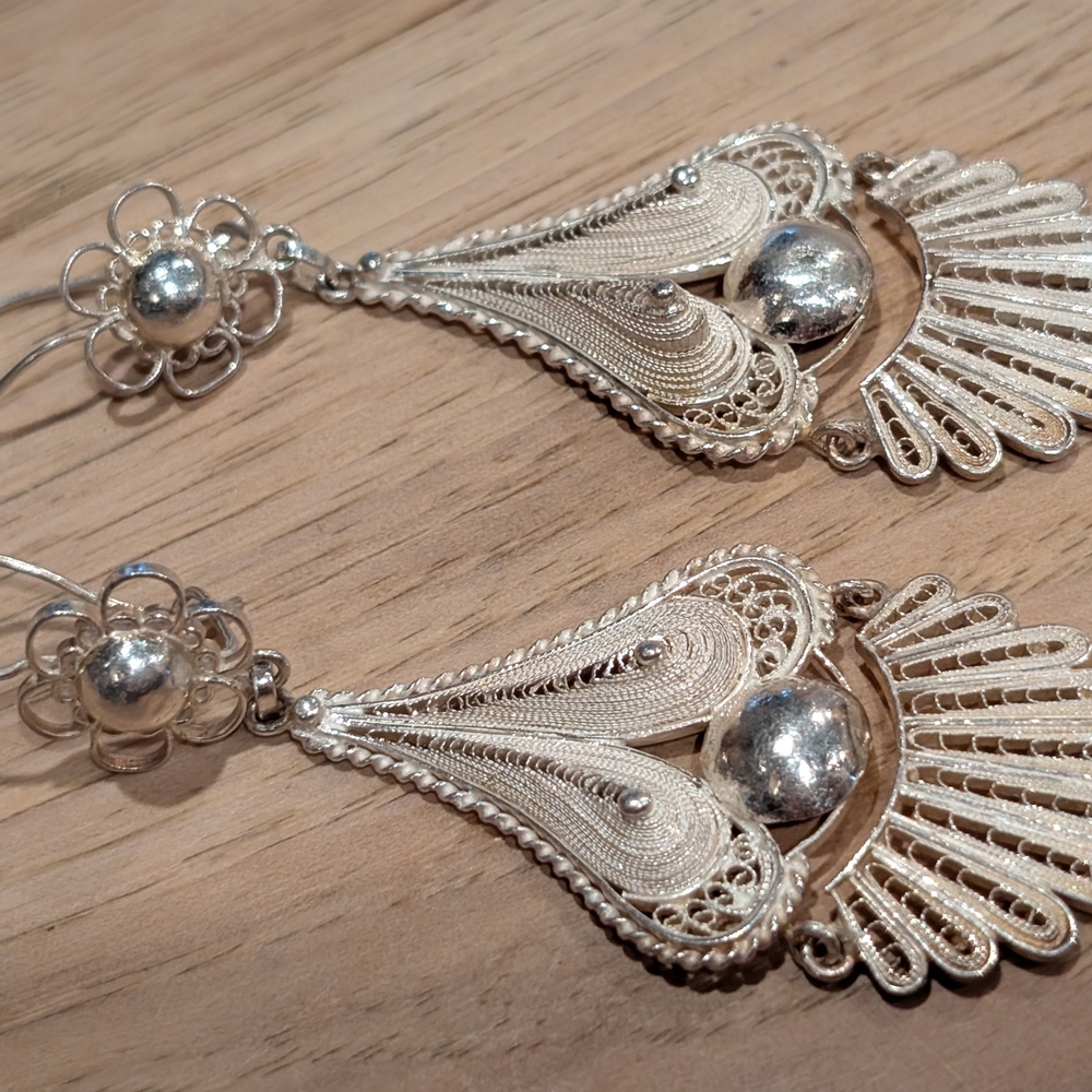 Source Unknown Intricate Silver Drop Earrings - image 2